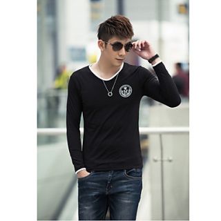 Shishangqiyi Korean Men Cultivating Long Sleeved V Neck Tide Fashion Printed T Shirt(Black)