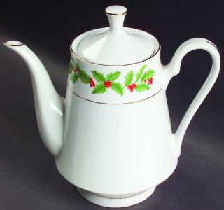 Crown Ming Holly Coffee Pot & Lid, Fine China Dinnerware   Holly Border