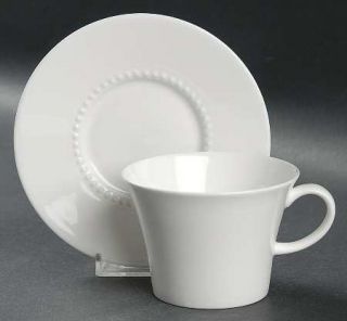 Crate & Barrel China White Pearl Flat Cup & Saucer Set, Fine China Dinnerware  