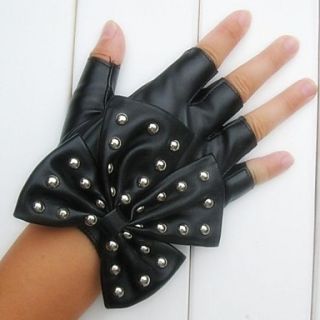Womens Fashionable Rivets Big Bowknot Half Gloves