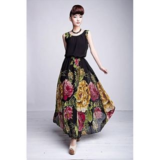 Swd Round Neck Large Hem Floral Chiffon Dress (Black)