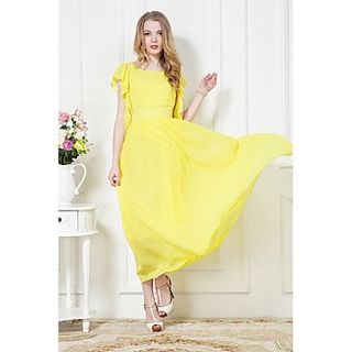 Swd Puff Sleeve Bohemia Waisted Beach Dress (Yellow)