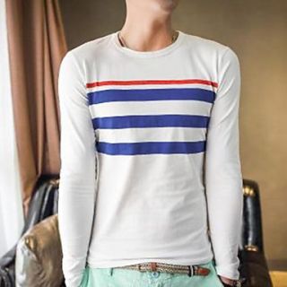 Mens Round Neck Striped Contrast Color Long Sleeve T shirt