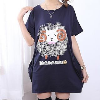 Womens Fashion Loose Cute Goat Print Button Embroidery Long T Shirt