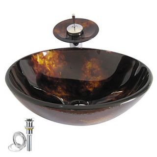 Victory Round Black Tempered glass Vessel Sink With Waterfall Faucet, Mounting Ring and Water Drain(0917 VT4026)