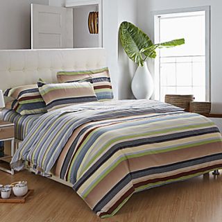 Duvet Cover Set,4 Piece 100% Cotton Country Stripe Green Coffee