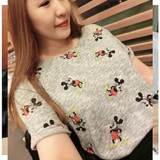 Womens Round Neck Mickey Floral Print Cotton Loose T Shirts