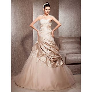 A line Strapless Court Train Satin And Tulle Wedding Dress