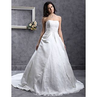 A line Sweetheart Chapel Train Satin Lace Wedding Dress with Split Front