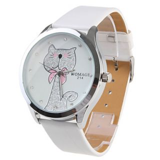 Womens Cartoon Cat Pattern White PU Band Quartz Analog Wrist Watch