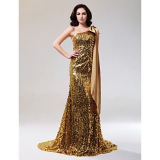 Sheath/Column One Shoulder Court Train Sequined And Stretch Satin Evening Dress