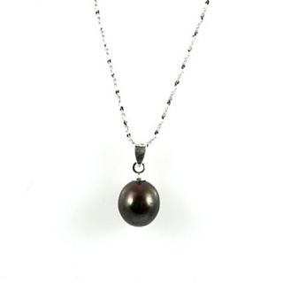 14k White Gold Black 10.5  11mm AA Freshwater Pearl Pendant With Necklace