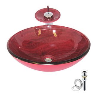 Red Wave Tempered glass Vessel Sink With Waterfall Faucet ,Pop   Up drain and Mounting Ring