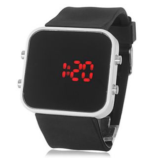 Unisex Red LED Square Mirror White Case Black Silicone Band Wrist Watch