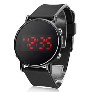 Unisex Round Mirror Face Red LED Digital Black Silicone Band Wrist Watch