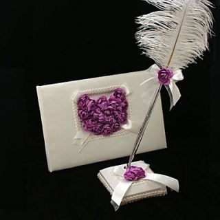 Wedding Guest Book and Feather Pen Set With Lilac Rose Heart