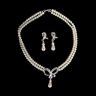 2 Strand Pearl With Rhinestone Bow Necklace And Earring Set