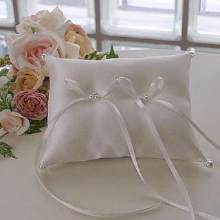 Ring Pillow In White Satin With Bow And Faux Pearl