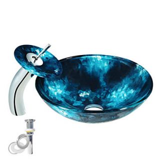 Tempered Glass Vessel Blue Sink With Waterfall Faucet ,Pop   Up drain and Mounting Ring