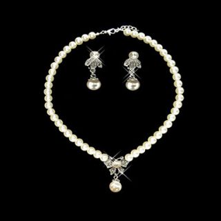 Pearls With Rhinestone Drop Jewelry Set Including Necklace and Earrings