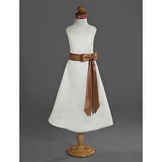 A line Jewel Neckline Tea length Satin Flower Girl Dress