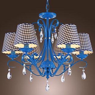 Modern 6   Light Crystal Chandeliers with Fabric Shade in Check Pattern