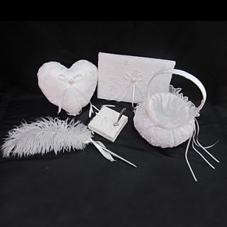 Wedding Collection Set In White Satin With Exquisite Embroidery Covery And Refined Feather Pen Set (4 Pieces)