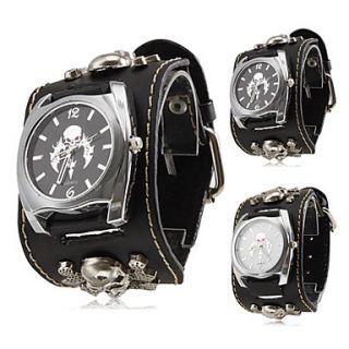 Unisex Punk Style Skull Pattern Black PU Band Quartz Wrist Watch (Assorted Colors)