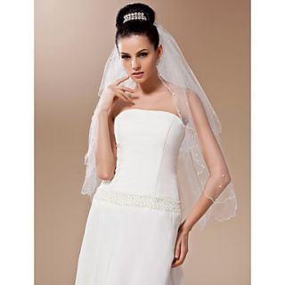 Two tier Tulle With Pearls Fingertip Length Veil (More Colors)
