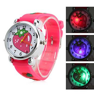 Childrens Strawberry Style Silicone Analog Quartz Wrist Watch with Flashing LED Light (Red)