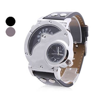 Mens Military Style 2 Time Zones Round Case PU Band Quartz Wrist Watch (Assorted Colors)