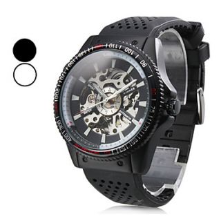 Mens Auto Mechanical Skeleton Black Rubber Band Analog Wrist Watch (Assorted Colors)