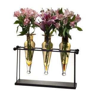 Triple Amber Amphora On Iron Stand With Finials Vases (Black iron, amber glassDecorative/Functional FunctionalHolds water YesDimensions 16 inches high x 19.5 inches wide x 5 inches deep )