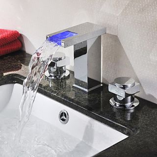 Chrome Finish Two Handles Color Changing LED Waterfall Widespread Bathroom Sink Faucet
