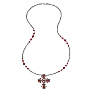 Gold Tone & Red Crystal Cross Long Pendant Necklace
