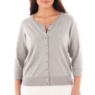 3/4 Sleeve Crewneck Cardigan   Plus, Lt Htr Gry Bb, Womens