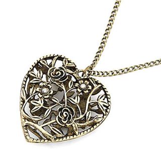 Womens Alloy Bronze Hollow Loving Heart Long Necklace with Flowers
