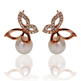 Classic Alloy Butterfly Design Pearl Stud Earrings with Crystal