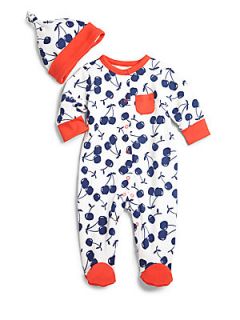 Offspring Infants Two Piece Cherry Footie & Hat Set   White Print