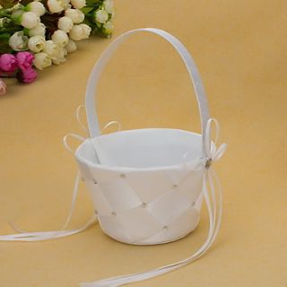 Simple Flower Basket In White Satin With Rhinestone