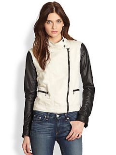rag & bone/JEAN Leather Sleeved Cotton & Linen Jacket   Natural