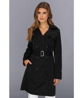 Cole Haan Double Breasted Trench Coat Classic Fit Faux Horn Buttons Buckles Womens Coat (Black)