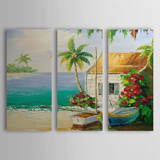 Hand Painted Oil Painting Landscape Sea and House with Stretched Frame Set of 3 1307 LS0380