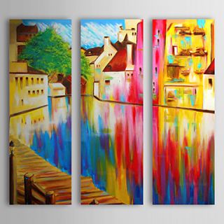 Hand Painted Oil Painting Landscape Quiet Village with Stretched Frame Set of 3 1307 LS0388