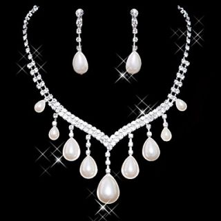 Glamour Water Drop Shaped Alloy Silver Plated With Rhinestone/Pearl Wedding Jewelry Set