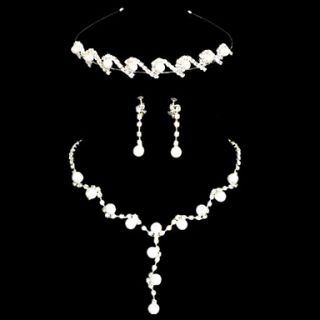 Elegant White Alloy Silver Plated Pearl Tiara Necklace Earrings Wedding Bridal Jewelry Set