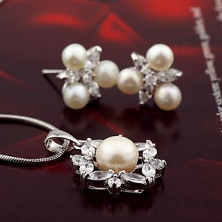 Romantic AlloySterling Silver With Cubic Zirconia And Natural Pearl Jewelry Set Including Necklace,Earrings