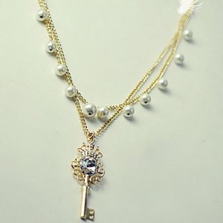 Elegant Alloy With RhinestonePearl Crown Key Pendant Womens Necklace