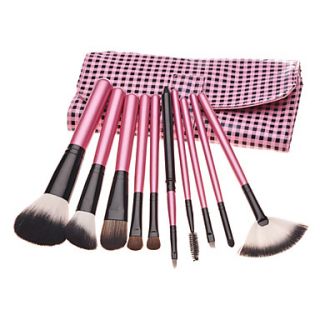 10PCS Pink Handle Cosmetic Brush Set With BlackPink Check Leather Pouch