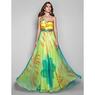 A line/Princess One Shoulder Floor length Print Chiffon And Tulle Evening Dress